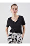 Black V-Neck Textured Women's T-Shirt (S5)