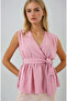 Women's Powder Double Breasted Collar Elastic Waist Belted Blouse Hzl25S-Bd19661