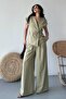 Women's Double Bottom Top Suit Lace-Up Loose Cut Flowy Summer Short Sleeve Kimono Jacket Palazzo Pants