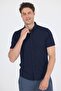 Men's Dark Navy Italian Button-Down Collar Short Sleeve Pocketless Slim Fit Shirt 1004250255