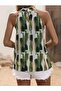 Halter Neck Sleeveless Micro Fabric Shawl and Brush Pattern Khaki Green Blouse - 3