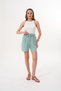 Women's Green Waist Elastic Belted Double Pocket Linen Shorts - 2