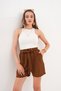 Women's Brown Double Pocket Linen Shorts with Elastic Waist and Belt