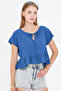 Women's Dark Blue Bat Sleeve Collar Tie-Up Skirt Ruffled Oversize Crop Blouse Arm-24Y001088 - 3