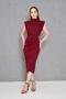 Women's Crepe Fabric Stand Collar Accessory Design Draped Burgundy Midi Evening Dress 4409
