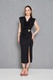 Women's Black Crepe Fabric Slit and Accessory Detail Degaje Collar Draped Midi Evening Dress 77130