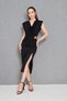 Women's Black Crepe Fabric Slit and Accessories Design Degaje Collar Draped Midi Dress 77130