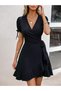 Women's Short Sleeve Double Breasted Collar Side Tie Janjan Crepe Dress - 3