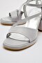 Woman's cross strap heeled sandal silver satin - 3