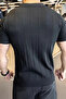 Men's Black Striped Short Sleeve Knitwear T-Shirt - 3
