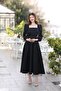 Women's Black Square Collar Bow Detail Pera Evening Dress - 2