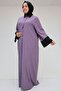 56008 Large Size Sleeve Garnished Etamin Abaya Ferace - Lilac-Black - 2