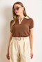 Women's Brown Beige Polo Neck Color Block Wrap Blouse Blz-19003046 - 3