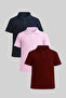 Children's Short Sleeve Polo Neck T-Shirt Set of 3 Claret Red Lilac Navy Blue - 2