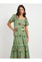 Women Green All-Over Floral Print Puff Sleeves Tiered Midi Dress - 3