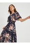 Women Navy Blue Floral Print Ruffle Trim A-Line Midi Dress with Tie Waist - 3