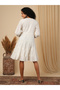 Women Off-White Embroidered Yoke Tiered Knee-Length Dress - 3
