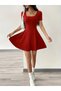 Women's Short Sleeve Square Neck Short Detailed Pocket Diving Dress - 2