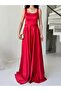 Red Square Neck Strap Satin Evening Dress - 3
