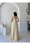 Yellow Square Neckline Strap Satin Evening Dress - 5