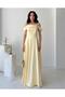 Yellow Stone Strap Low Sleeve Satin Evening Dress