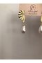 Gold Pearl Detail Fan Model Hanging Stainless Steel Shiny Earrings - 2