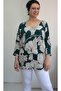 Khaki Green Ecru Leaf Print V-Neck Bat Three-Quarter Sleeve Combed Viscose T-Shirt - 2