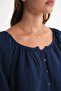4707 Women's Gathered Collar Sleeve Elastic Loose Muslin Blouse Navy Blue - 5