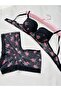 Women's Padded Supported Floral Patterned Black Boxer Type Underwear Set