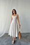 Silvery Striped Strap Dress Midi Length - Brown
