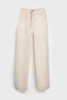 Women's Beige Striped Color S5-101 Waist Lace-Up Loose Cut Linen Fabric Trousers - 2