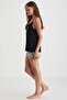 Women's Thin Strap Summer Shorts Set – Black Viscose Tank Top and Patterned Shorts C9T0N89 - 2