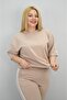 Women's Plus Size Stripe and Waist Drawstring Detail Short Sleeve Tracksuit Set 8197-25 - 7