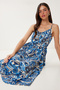 Women's Blue Smoked Strap Patterned Summer Viscose Dress Rg00074