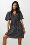 Women's Black V-Neck Short Sleeve Floral Print Skirt Flounced Woven Dress Alc-X11742