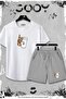 2-Piece Glass Design Slim Fit White Tshirt - Set with Gray Shorts