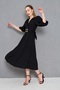 Women's Balloon Sleeve Stone Detailed Belted Double Breasted Collar Black Midi Evening Dress 3602 - 4