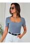 Women's U-Neck Ribbed Short Sleeve Crop T-Shirt - 2