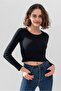 Black Long Sleeve Ribbed Blouse Crop Knitted T-shirt