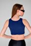 Dark Navy Blue Ribbed Super Crop Halter Neck Knitted Tank Top - 5