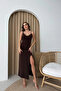 Brown Midi Dress with Rope Strap, Degaje Collar and Slit - 6