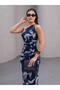 Blue Patterned Tulle Fabric One Shoulder Midi Length Draped Dress