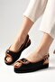 Arwen Black Color Linen Fabric Wedge Sole Women's Sandals - 4