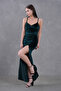 Women's Velvet Low-cut and Slit Strap Evening Dress - 8