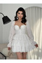 Tie-Up Handle Collar Long Sleeve Mini Dress White - 5