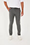 Men's Jogger Pants Slim Fit Waist Half Elastic Lycra Dark Gray Fabric Trousers - 3