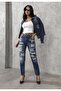 Women's Blue Yamanlı Ripped Embroidered Boyfriend Jeans - 2