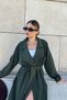 Women's Khaki Double Breasted Collar, Belt, Pocket, Loose Cut Long Trench Coat - 2