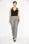 Women's Gray Large Size Plaid Patterned Trousers with Elastic Waist and Side Stripe Detail 65n36510 - 4