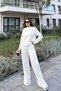 Women's White Round Neck Sweatshirt & Wide Leg Elastic Waist Trousers - Comfortable Bottom & Top Set - 6
